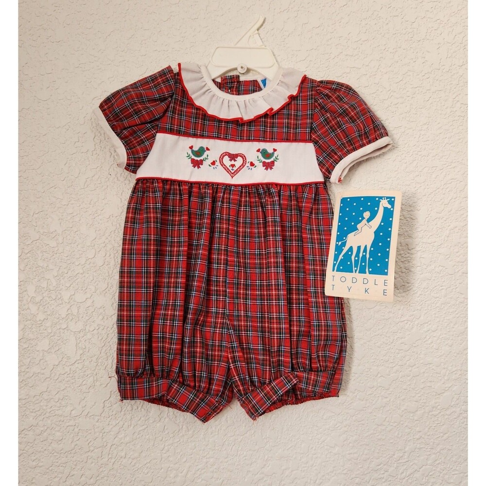VINTAGE Toddle Tyke baby girl Dressy romper Ruffle Embroidered Plaid Red 6months